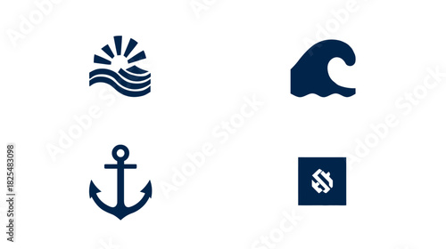 Nautical & Marine Icon Set: Sunrise Over Waves, Ocean Wave, Anchor, Stylized Water Symbol for Travel & Summer Designs.