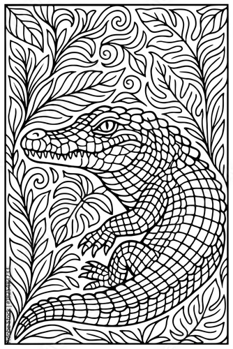 An intricate adult coloring page showcasing a realistic alligator resting among beautifully rendered tropical leaves and ornate botanical patterns