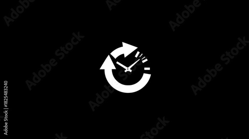 White Minimalist Refresh Time Clock Icon on Black Background, Representing Updates, Cycles, and Continuous Processes