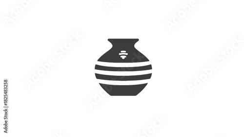 Minimalist black and white stylized vase icon with stripes and a decorative symbol. Vector graphic for pottery, art, and traditional craft.