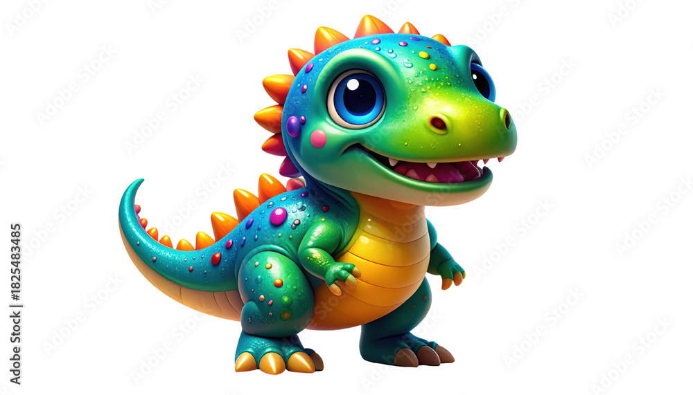 Fototapeta premium Adorable cartoon baby dinosaur with big eyes and vibrant colors.