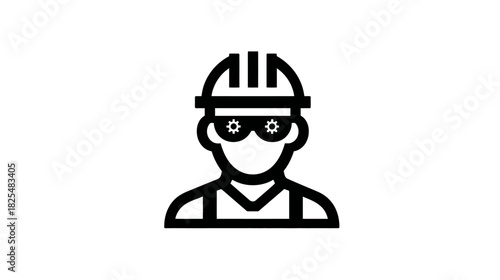 Construction worker icon with hard hat and safety goggles. Outline design of an engineer or industrial professional.