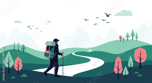 A lone hiker with a backpack and trekking poles walks along a winding path through a serene landscape with mountains and colorful trees.