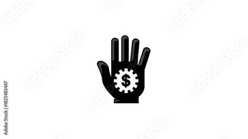 Black hand silhouette with gear and dollar sign icon, symbolizing work, money, business, finance, income, and economic effort.