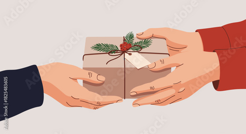 Hands in dark blue and red sleeves exchanging a neatly wrapped brown gift box adorned with pine sprigs and red berries.