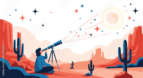 An individual uses a telescope in a vast, stylized desert to observe the moon and stars, with prominent red rock formations and saguaro cacti.
