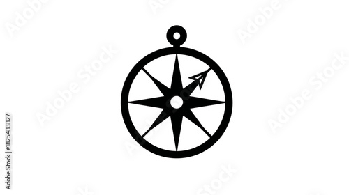 Stylized black and white compass rose icon. Simple vector illustration symbolizing navigation, travel, direction, and adventure.
