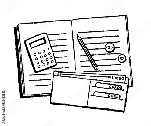 家計簿と電卓と財布のモノクロ線画イラスト（家計管理・節約）