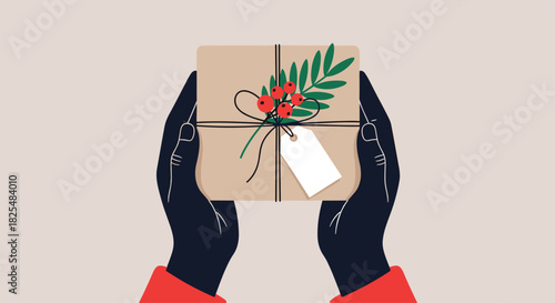 A minimalist illustration of hands presenting a festive brown gift box, decorated with a sprig of red berries, green leaves, and a blank gift tag.