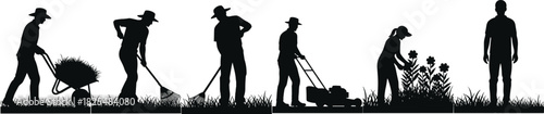 Black silhouette vector illustration of a group of gardeners mowing lawn, raking grass, pushing wheelbarrow, and tending flowers, landscaping teamwork concept.