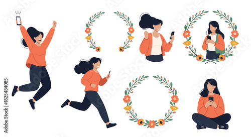 A set of illustrations featuring cheerful young women actively using mobile phones in different poses, complemented by decorative flower wreaths.