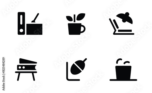 Workplace and Office Element Icons: Illustrative black icons. Showcasing different elements for offices such as files, pen holder, plant, laptop, staple machine, document and trash can. 
