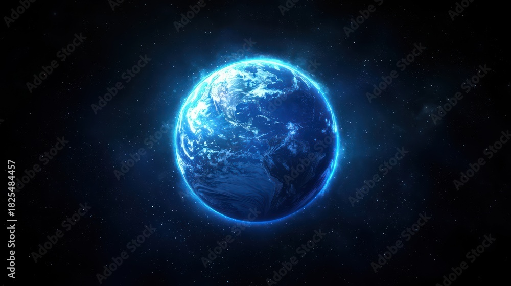 Naklejka premium A vibrant blue planet with a glowing blue ring around it, set against a starry black background.