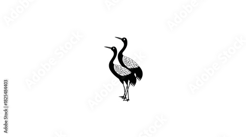 Elegant Black and White Stylized Cranes Illustration. Two graceful wading birds standing side-by-side, symbolizing companionship and nature.