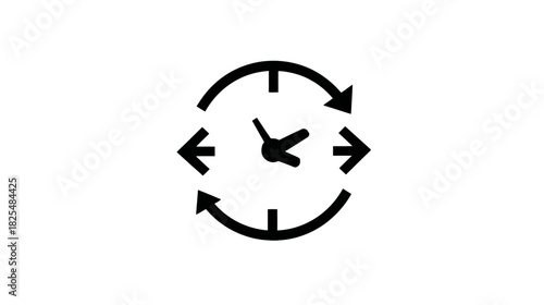 Black icon of a clock with circular arrows, symbolizing time management, productivity, efficiency, continuous cycle, and workflow process.