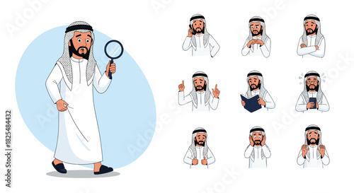 A diverse set of cartoon illustrations of an Arab man in traditional attire, showing various emotions and actions from investigation to daily activities.