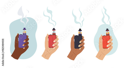 Diverse hands with various skin tones hold colorful vape devices, emitting vapor and highlighting modern e-cigarette usage.