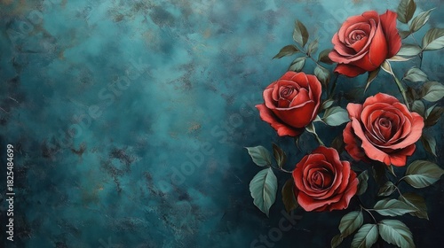 Wallpaper Mural Four lush red roses with glossy green leaves against a moody teal textured background, evoking a romantic and elegant mood Torontodigital.ca