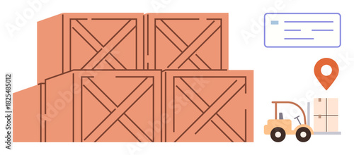 Stacked wooden crates, forklift moving package, location pin, and delivery details. Ideal for logistics, warehouse, shipping, supply chain distribution freight transportation concepts. Simple flat
