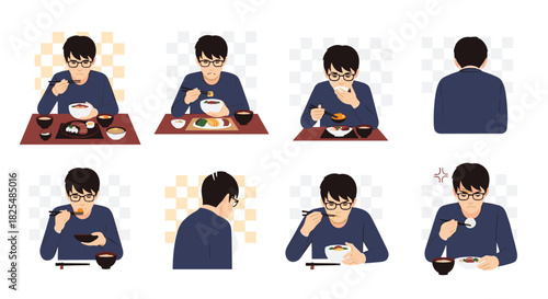 An illustrated collection of a man eating various meals with chopsticks and a spoon, depicted from multiple angles and with different expressions.