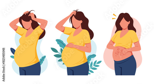 Illustrations of a pregnant woman experiencing various emotions and physical sensations related to her pregnancy journey, from discomfort to relief.