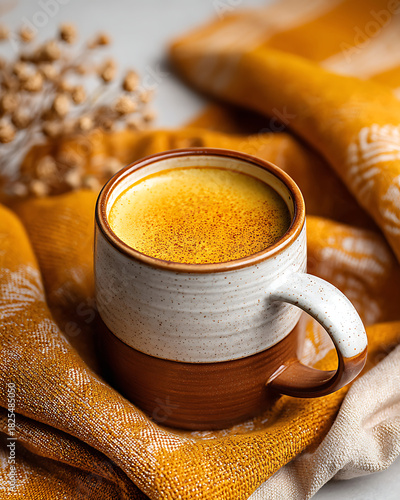 Warm Cup of Golden Beverage Resting on Cozy Autumn-Themed Fabric, Surrounded by Minimalist Decor and Tranquility