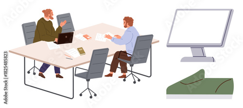 Two colleagues discussing work at a conference table with papers, laptop, and essentials adjacent monitor and green accessory. Ideal for teamwork, brainstorming, productivity, communication