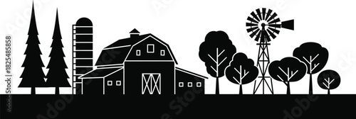 Black silhouette vector illustration of a rural farm landscape with barn, silo, windmill and trees, agriculture and countryside scenery concept isolated on white.