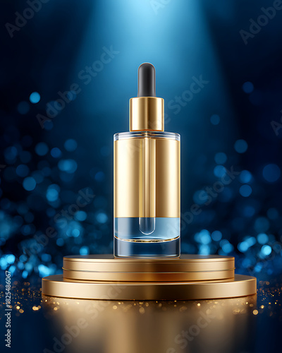 Elegant Serum Bottle Displayed on Podium With Shimmering Blue Background and Soft Spotlight Effect