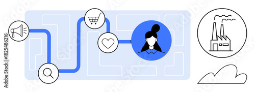 Connected elements including a person, megaphone, shopping cart, heart, factory, and magnifying glass illustrate consumer pathways. Ideal for marketing, strategy, analytics business distribution