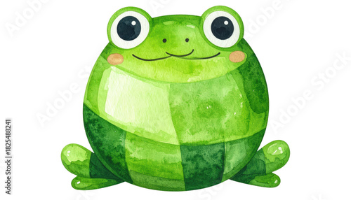 Charming watercolor illustration of a cute green frog with big eyes.