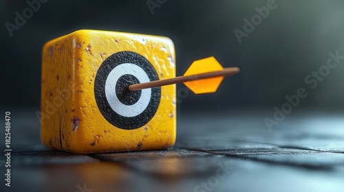 yellow weathered cube with a painted black and white bullseye pierced through the center by an arrow on a dark reflective surface conveying precision and triumph
