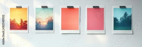 five instant-style prints clipped to a white wall: three forest landscape photos and two coral color blocks with soft sunlight and a serene minimalist mood