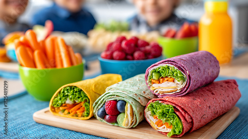 Colorful Wraps and Fresh Vegetables Served at a Family Gathering Around the Dining Table