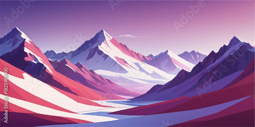 Purple Crimson mountain landscape with cold glacial path, stylized vector background, cinematic gradient illustration”