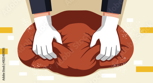 A pair of white-gloved hands are actively kneading a soft, brown, pliable material, demonstrating a process of shaping or preparing something.