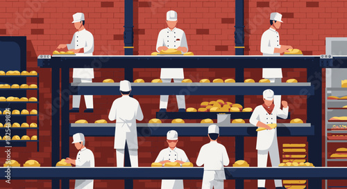 A bustling industrial bakery scene where skilled bakers in white uniforms meticulously prepare and process freshly baked goods on a multi-level conveyor system.