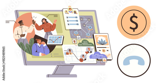 Team discussing ideas via online collaboration tools. Features charts, workflows, communication icons. Ideal for business, technology, teamwork, productivity, communication remote work