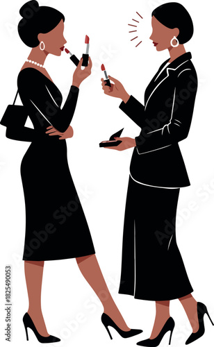 Two Women Applying Lipstick In Formal Black Outfits Flat Design