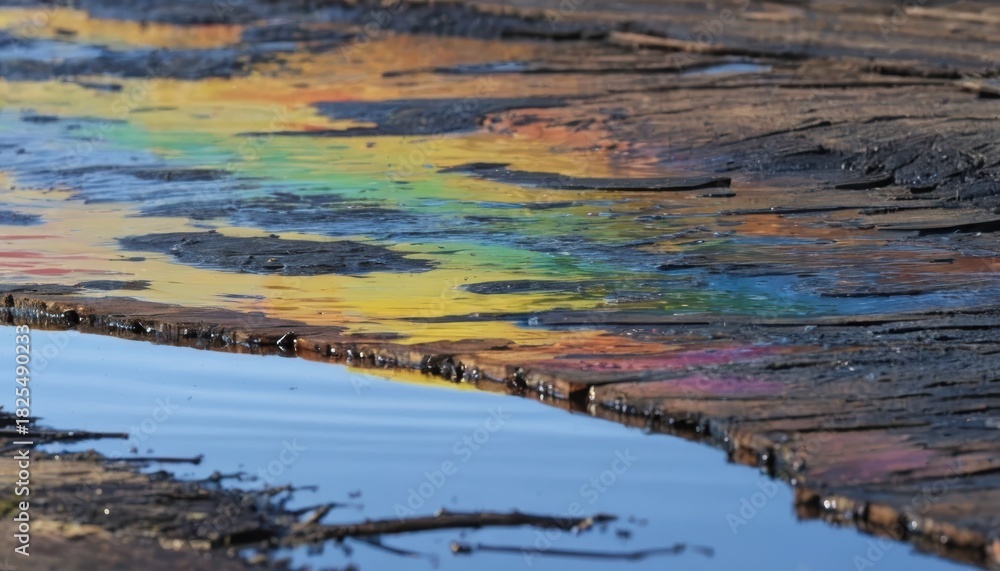 Obraz premium Iridescent rainbow colors reflecting in oil covered water on a dark wet textured surface