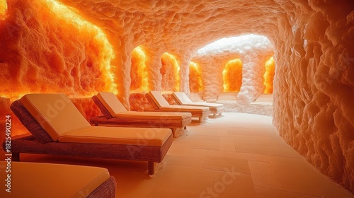 row of cushioned lounge chairs inside a glowing orange salt cave spa with arched alcoves and textured crystalline walls creating a serene calming atmosphere