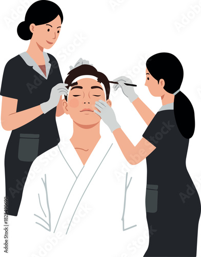 Two Women Perform Facial Treatment on a Man Wearing a White Robe