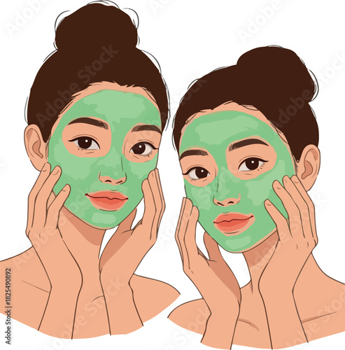 Two Women With Green Facial Masks Touching Cheeks Simple Flat Design Illustration