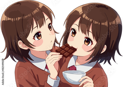 Two Young Girls Sharing Chocolate Bar Wearing Brown Sweaters