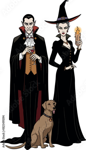 Vampire Couple With Dog And Witch Holding Ice Cream