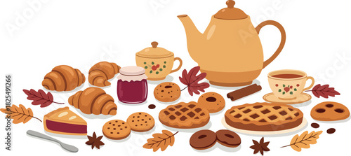 Warm Tea Time Arrangement with Croissants Pie and Cookies