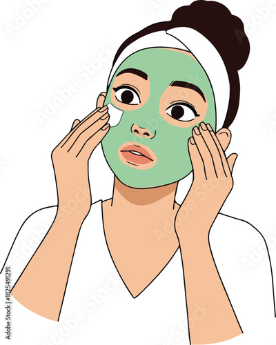 Woman Applies Green Facial Mask With White Cream