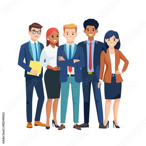 Group of happy diverse multiethnic young business people standing together. Isolated vector illustration