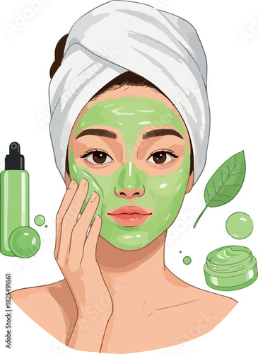Woman Applying Green Facial Mask with Skincare Products and Towel