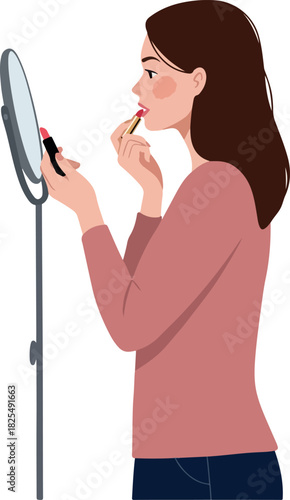 Woman Applying Lipstick Looking in Mirror Pink Sweater Blue Jeans